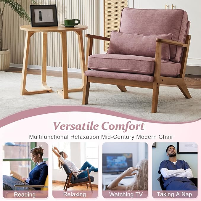 VINGLI Solid Wood Wide Armrests Accent Chair,Upholstered Mid Century Modern Chair with Pillow,Comfy Reading Chair Farmhouse Arm Chair,Chairs Living Room,Bedroom,Guest Room,Linen Fabric,Peachy Red