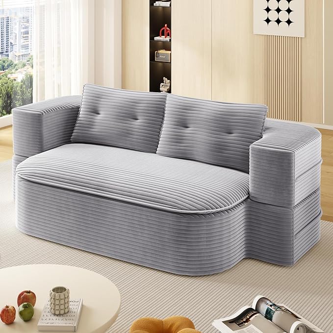 78.7" Convertible Sleeper Sofa Bed, Floor Couch Loveseat with Functional Blanket and 2 Soft Pillows,Corduroy Fabric Boneless Futon Couch for Living Room,Bedroom,Apartment (Light Grey)