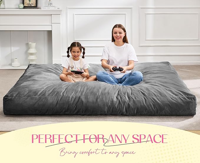 Hobestluk Giant Bean Bag Chair Bed for Adults, Large Bean Bags with High-Density Foam Filling, Convertible Big Sofa Bed Couch for Living Room, Bedroom, Playroom (Grey, Queen)