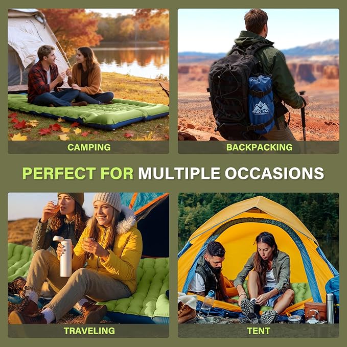 FUN PAC Camping Sleeping Pad, Ultralight Camping Mat with Pillow, Built-in Foot Pump Inflatable Sleeping Pads Compact for Camping Backpacking Hiking Traveling Tent,Single,Green