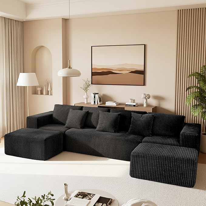 132" U Shaped Modular Sofa, 4-Seater Sectional Cloud Couch with Chaise, Soft Corduroy Boneless for Living Room, No Assembly Required, Free Configuration, Black