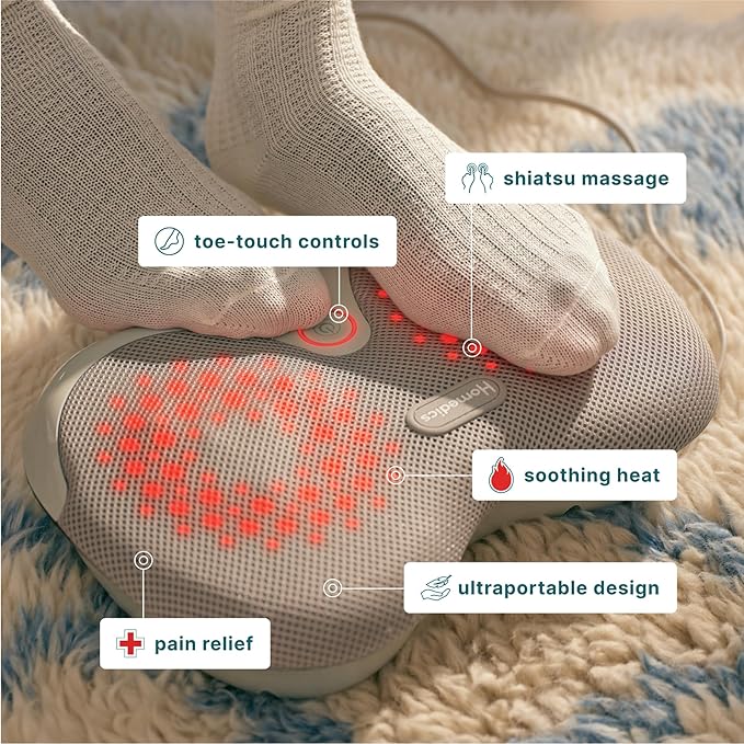 HoMedics Dual Shiatsu Foot Massager with Heat, Deep-Kneading Massage, Pain Relief and Muscle Recovery, Relaxes Feet, Toe-Touch Controls, Soft Mesh Fabric, Portable for Home and Office