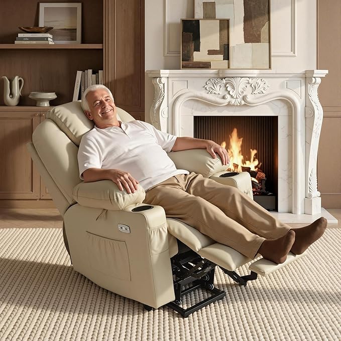 MCombo Large Power Lift Recliner Chair with Massage and Heat for Tall Elderly People, 3 Positions, Cup Holders, and USB Ports, Faux Leather 7516 (Large, Cream White)