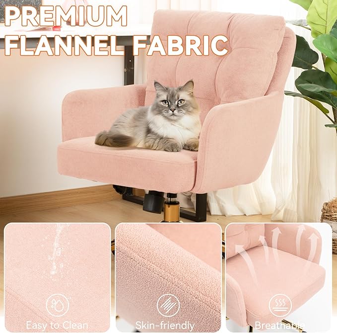 BALIAA Flannel Office Chair, Comfy Home Office Desk Chairs with Lumbar Support, Modern Velvet Desk Chair Gold Legs Small Swivel Task Chair for Home Office, Bedroom, Study (Pink, L)