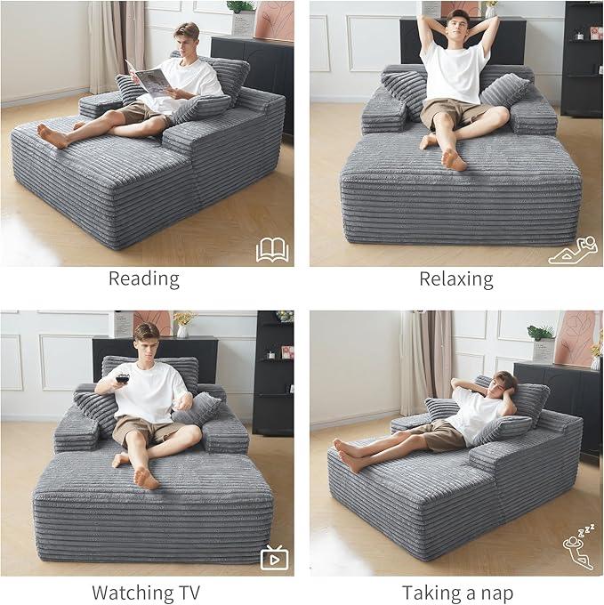 WJShome Oversized Chaise Lounge Chair Indoor, Plush Corduroy Boneless Sofa Bed, Cloud Reading Chair with Throw Pillow for Living Room (Gray)