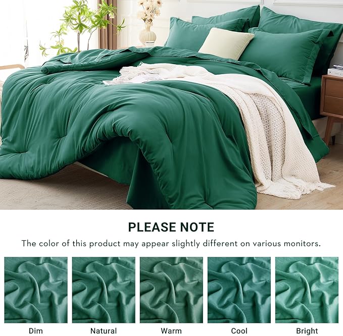 MUXHOMO 7 Pieces Queen Comforter Set, Soft Bed in a Bag Queen Size, All Season Bedding Set with Comforter, Flat Sheet, Fitted Sheet, Pillowcases & Shams, Emerald Green