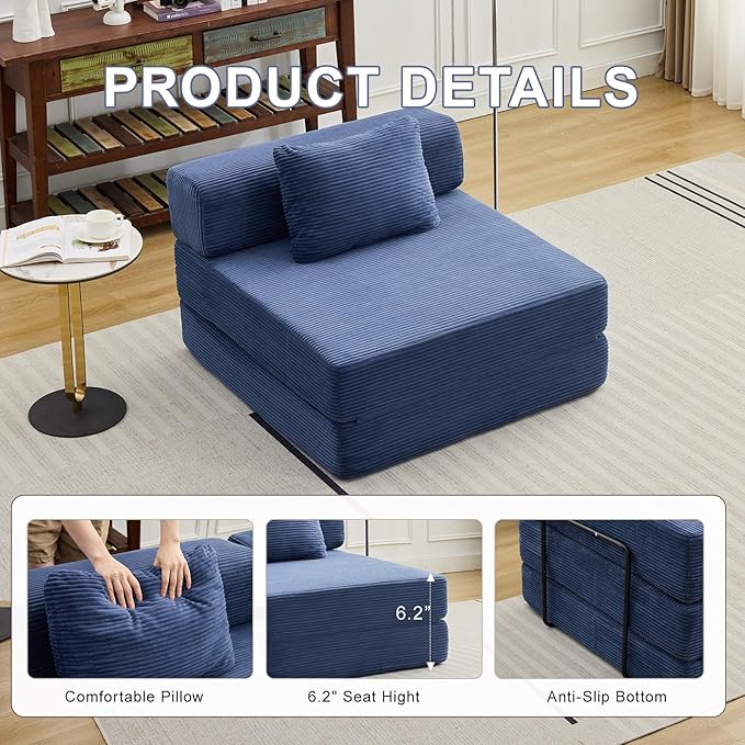Folding Sofa Bed, Convertible Sleeper Chair with Pillow, Single Sofa with Back Support, Portable Fold Out Chair Cloud Couch Bed, Comfy Floor Sofa Lounge for Living Room Bedroom, Navy Blue