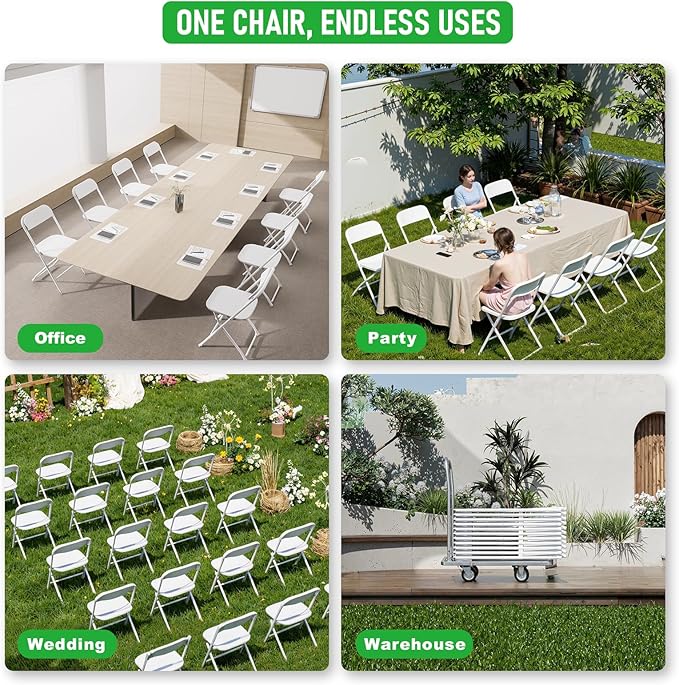 White Folding Chairs 2 Pack,Heavy Duty Plastic Stackable Chairs for Indoor Outdoor Use,350lb Capacity Portable Event Chairs with Steel Frame-Wedding,Party,Office,Dining (No Assembly Required)