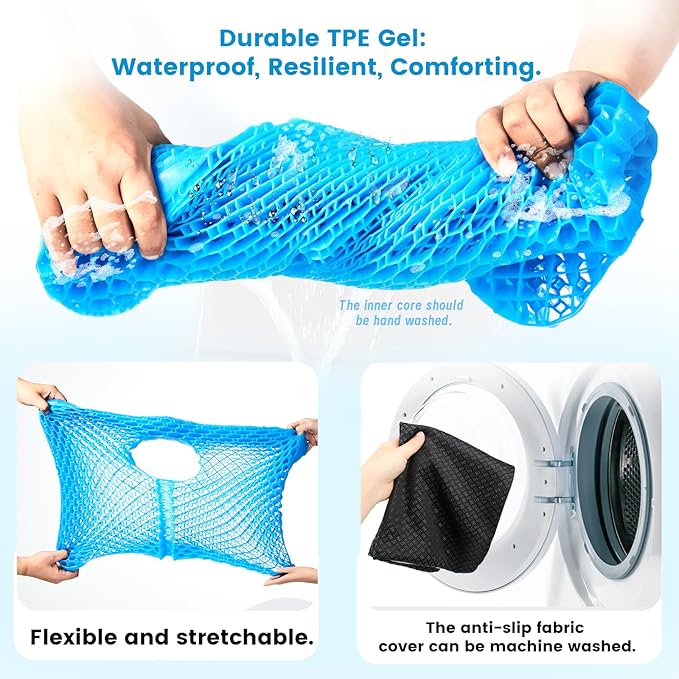 Anzeng Gel Seat Cushion for Long Sitting, Gel Cushion for Pressure Relief, Soft & Breathable, Chair Cushion for Office Chair, Car, Wheelchair, Seat Cushion with Non-Slip Black Cover