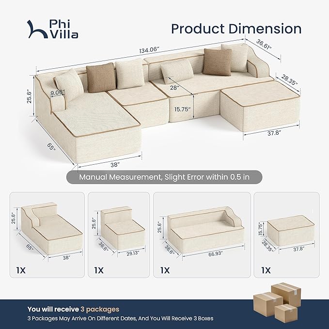 PHI VILLA Cloud Modular Couch, Boneless Sectional Sofa with U-Shaped Chaise, 6-Seater Couches with Movable Ottoman for Living Room, No Assembly Required, Corduroy, Beige