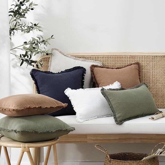 Foindtower Set of 2 Decorative Linen Fringe Lumbar Throw Pillow Covers Boho Farmhouse Cushion Cover with Tassels Soft Accent Pillowcase for Couch Sofa Bed Living Room Home Decor,12×20 Inch,Olive Green