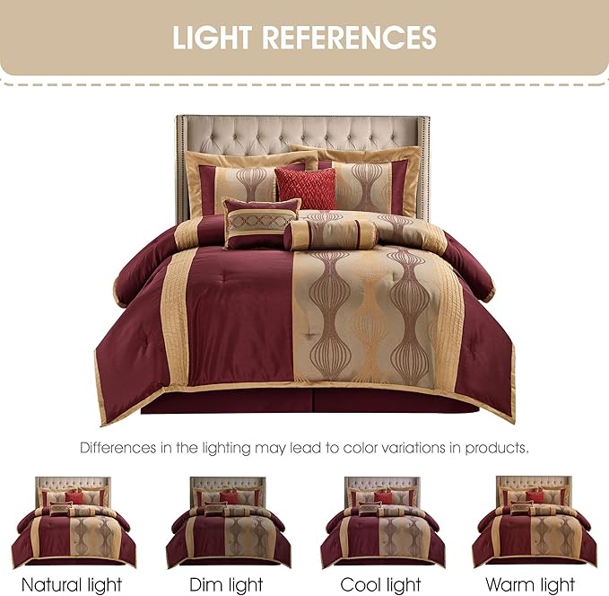 Grand Avenue Elegant Wine Gold 7 Pieces Lightweight Microfiber Bed-in-a-Bag Comforter Bedding Set,Striped, Jacquard California King Comforter Set, All Season Bedroom Home Décor
