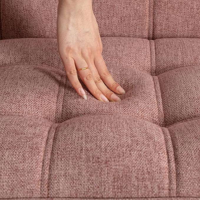 QUINJAY 48" Small Loveseat Sofa, Modern Linen Fabric Mini Sofa Couch 2-Seater Love Seat with Quilting Backs and Wood Legs for Living Room, Bedroom and Small Space, Pink