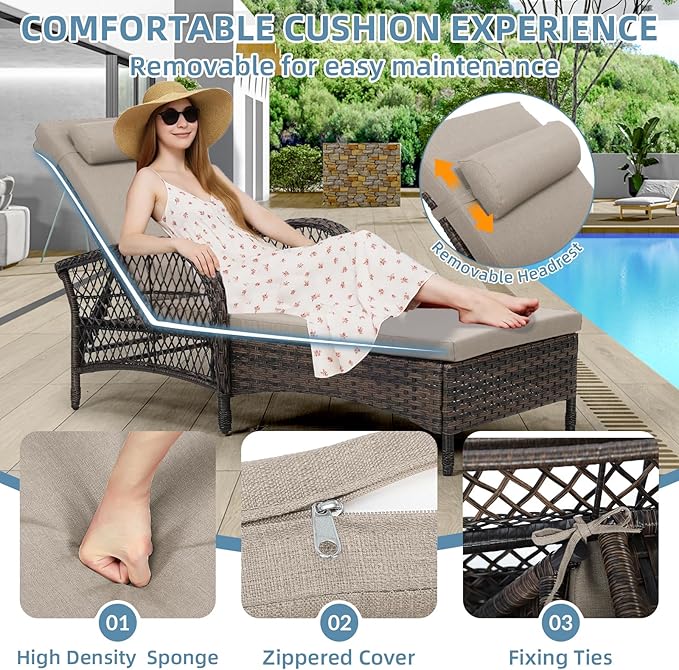 WINGTU 3 Piece Patio Chaise Lounge Set, Outdoor Patio Furniture Modern Lounge Chairs Set of 2 with Side Table & 6-Position Adjustable Backrest, Durable PE Wicker, Weather Resistant Cushions, Beige