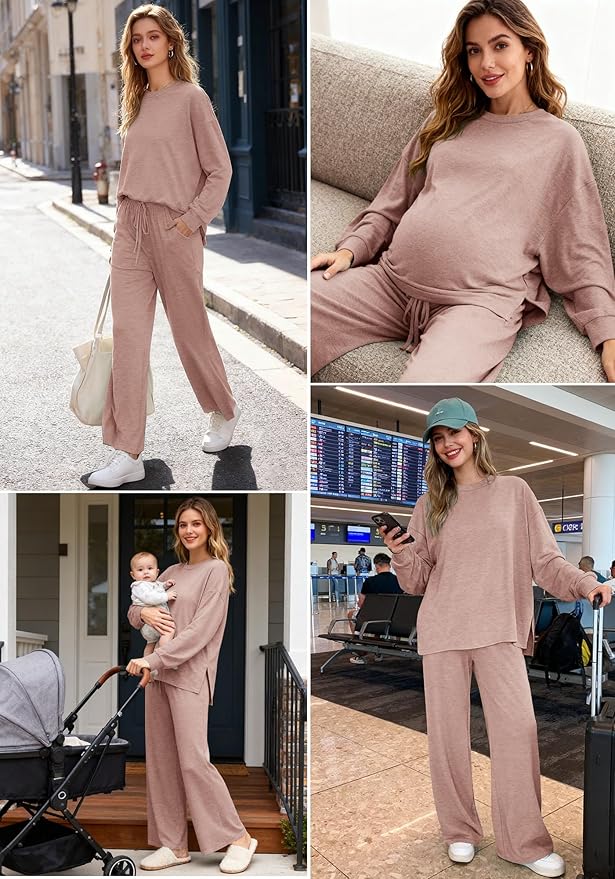 AmazingStar Womens Lounge Set 2025 Fall 2 Piece Outfits Long Sleeve Tops Wide Leg Long Pants Cozy Matching Sets Clothing
