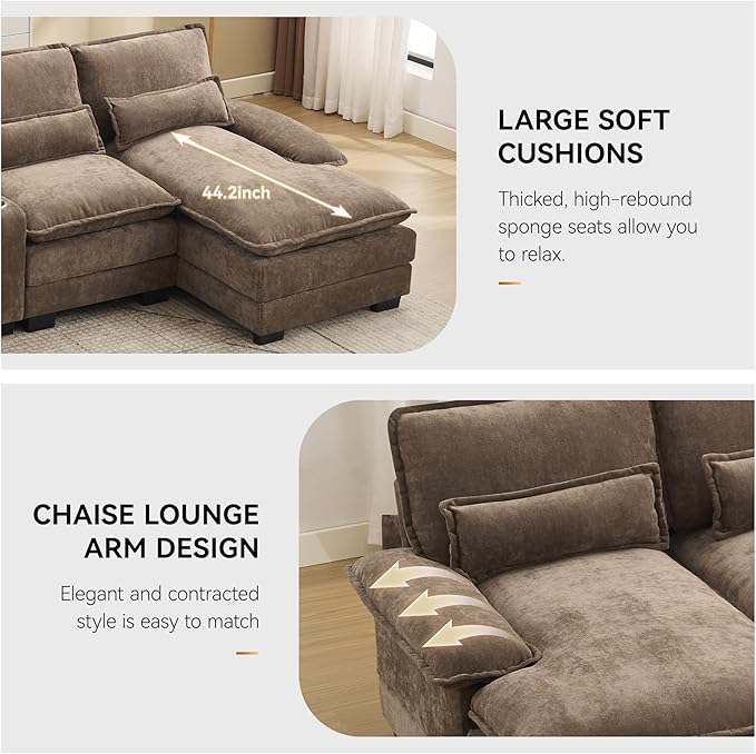 125'' U Shaped Cloud Modular Sofa with Chaise Lounges, Chenille Upholstered Comfy Sectional Couch with Storage Console, USB Charging Ports & Cup Holders, Small Deep Seat Sofa for Living Room, Brown