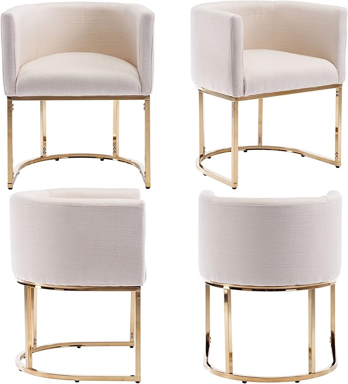 VESCASA Linen Upholstered Dining Chair with Barrel Back, Mid Century Modern Padded Restaurant Chair with Gold Metal Frame for Kitchen, Dining Room, 1 Piece, Cream