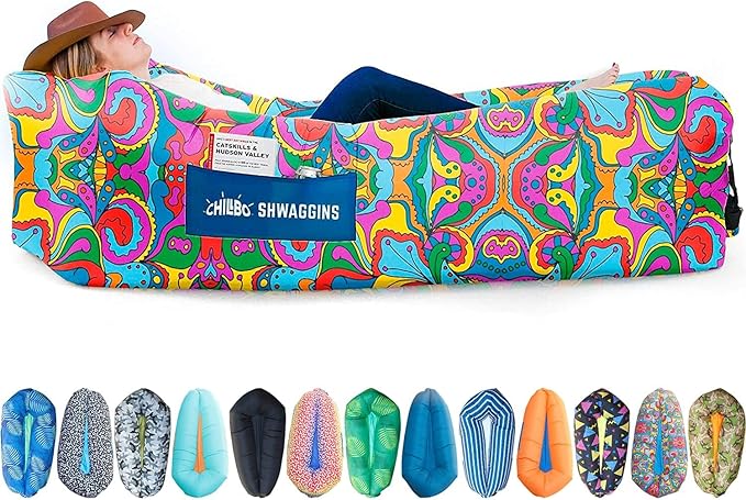 Chillbo Shwaggins Inflatable Couch – No-Pump Setup, Ripstop Polyester, Stability Pegs, Fun Prints, Portable Air Lounger for Beach, Camping, Festivals, and Tailgating - 60s Psychedelic