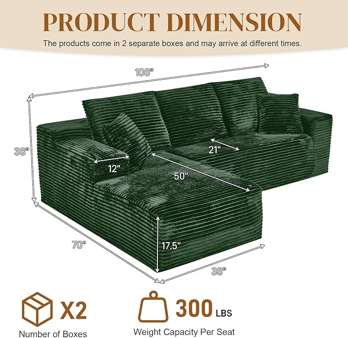108" Boneless Cloud Sectional Couches for Living Room, Comfy Fluffy L Shaped Memory Foam Deep Seat Boneless Couch, Modular Sectional Sofa with Left Facing Chaise, Green