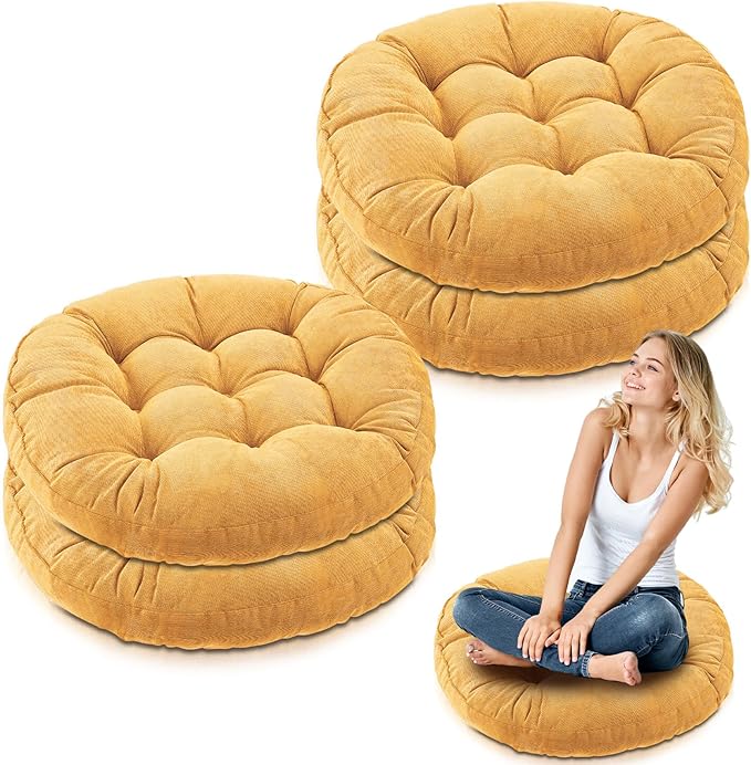 Jerify Floor Pillow Cushions 22 x 22 Inch Round Square Large Meditation Floor Pillow for Classroom Adult Meditation Picnic Party Cushion for Seating Gift Christmas(Round,Yellow,4 Pcs)