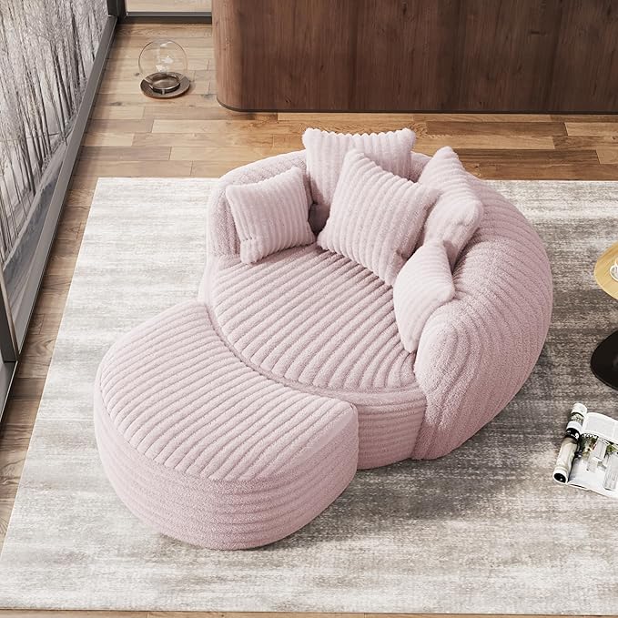 Oversized Chaise Lounge Chair Indoor with Ottoman 50.5" W x 67.0" D Round Soft Corduroy Comfy Oversized Reading Chair with 5 Pillows for Living, Reading Room - Pink