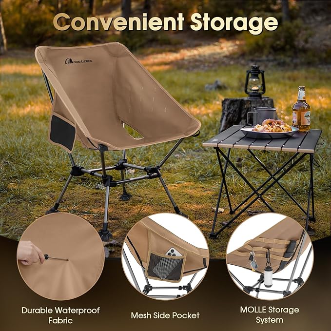 MOON LENCE Camping Chair Plus, Upgraded Comfort & Size, Still Compact and Lightweight, Folding Portable Chair for Backpacking & Hiking, 400Lbs Capacity, Gen 3 Plus (Khaki with Groundgrip Feet (Plus))