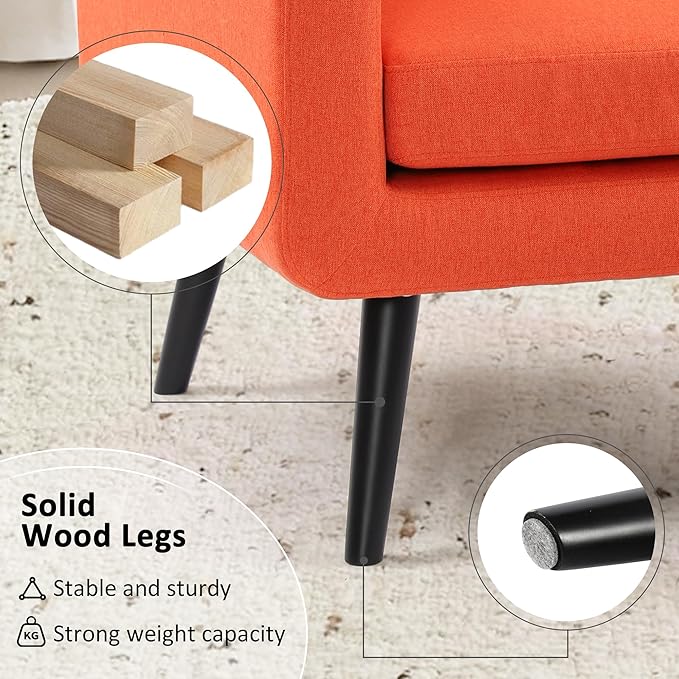 LSSPAID Accent Chairs Set of 2, Modern Orange Linen Fabric Living Room Chairs, Comfy Upholstered Armchairs Single Sofa Chair with Solid Wood Legs for Apartment, Reading, Office
