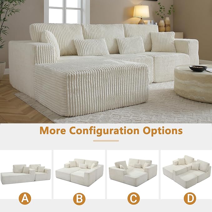 110" Cloud Sectional Couch, Modular Sectional Sofa with Deep Seat, Corduroy Upholstered Boneless Couch for Living Room Bedroom, Left Facing Chaise (Beige, 110" Left Facing Chaise)