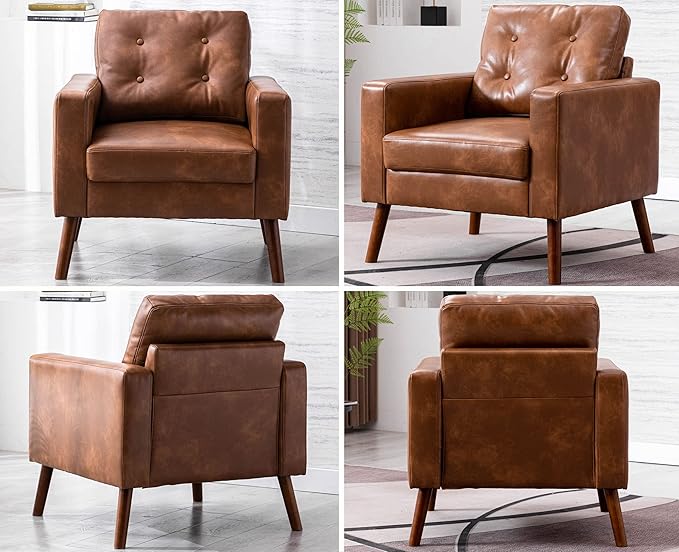 VESCASA Tufted Accent Arm Chair with Wood Legs, PU Faux Leather Comfy Upholstered Single Sofa, Mid Century Modern Side Club Leisure Chair for Reading/Living Room/Bedroom, Caramel
