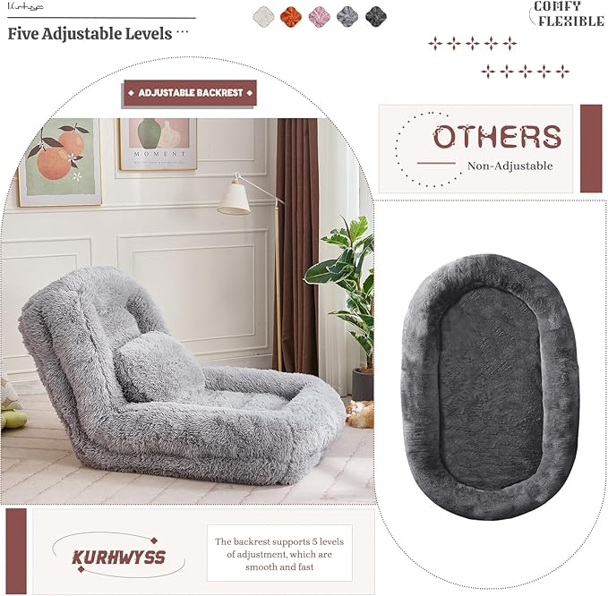 Upholstered Human Dog Bed for Adult & Pets, Convertible Lazy Sofa Bed with 5 Adjustable Position, Comfy Tatami Bean Bag Lounge Chair with 2 Soft Pillows for Bedroom Living Room (Light Gray Fluffy)