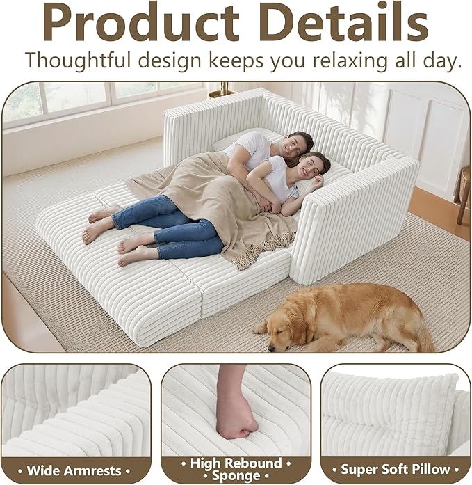 HABUTWAY Folding Sofa Bed, 2 in 1 Convertible Sleeper Chair with Pillow, Portable Fold Out Chair Bed with Armrest, Comfy Floor Couch, Lazy Sofa for Living Room Bedroom Dorm Home Office, Beige