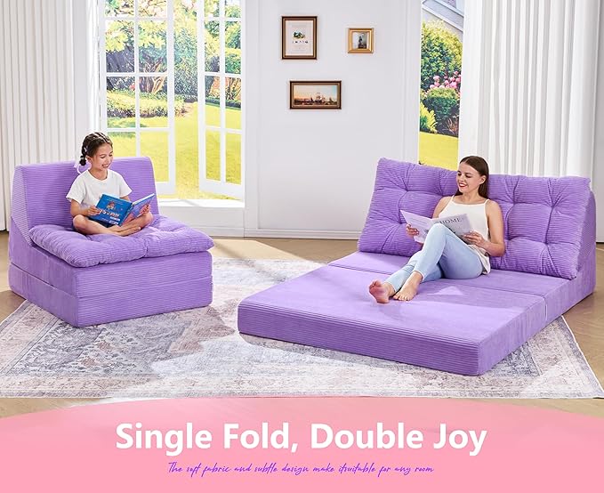 Hobestluk Sofa Couch Folding Sofa Bed Sleeper Comfy Floor Lounger Loveseat Sofa with Removable Cushion Couches Foldable Mattress for Living Room Bedroom or Office (Cordury Purple, Oversize)