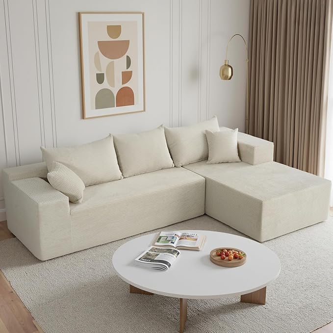 Sectional Cloud Boneless Couch for Living Room Bedroom, Comfy Modern L Shaped Modular Sofa with Right Facing Chaise, Deep Seat Memory Foam Couch in Box, No Assembly (Fine Striped Corduroy, Beige)