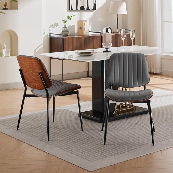 YaFiti Dining Chairs Set of 2, Mid Century Modern Accent Dining Room and Kitchen Chairs, Upholstered PU Leather Vertical Stripe Chairs for Vanity with Walnut Bentwood and Metal Legs, Gray