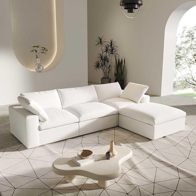 L-Shaped Cloud Sectional Couch, White Modular Sectional Sofa, Modern Comfy Cloud Sofa with Storage Ottoman, Covers Removable, Convertible Sleeper Couch for Living Room Apartment (Linen Fabric)