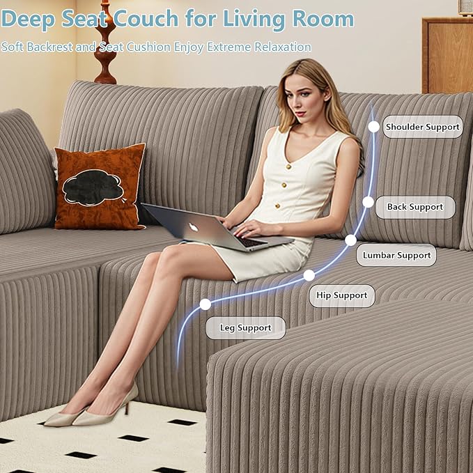 96" W Cloud Sectional Couch with Ottoman,Modern U-Shaped Cloud Couch with Deep Seat,Comfy Corduroy 3-Seater Sofa,Memory Foam Sofa for Living Room,No Assembly (Camel,Left-Facing Chaise)