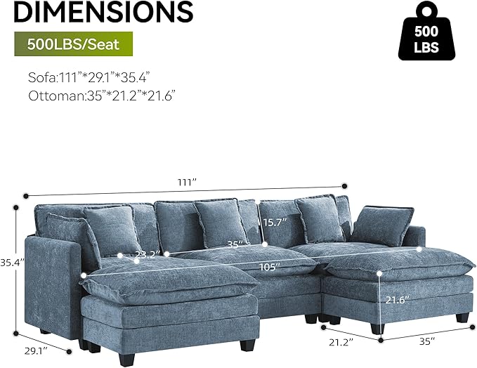 UMBFUN 3-Seater Cloud Couch with 2 Ottomans, Oversized Modular Sectional U Shaped Sofa with Deep Seat Cushions, Comfy Chenille Couch for Living Room,Blue