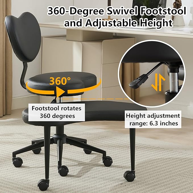 Meditation Chair with Lumbar Support,360° Swivel Cross Legged Chair with Wheels, Ergonomic Cross Legged Office Chair for Adults with ADHD, Height-Adjustable Yoga Chair, PU Leather, Ivory