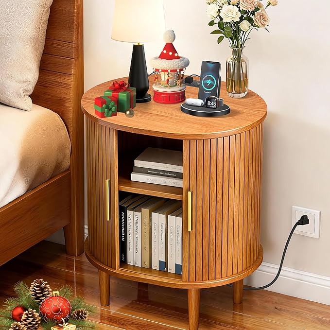DHH Mid Century Modern Nightstand with Charging Station, Fluted Accent Side Table with Sliding Door & Adjustable Shelf, End Table for Small Space, Living Room, Bedroom,Sofa Couch(1, Yellow)