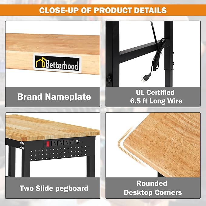 Betterhood Adjustable Height Workbench, 60" Rubber Wood Top Heavy Duty Workstation with Power Outlets, 2000 LBS Load Capacity Hardwood Worktable for Workshop, Garage, Office, Home, Commercial