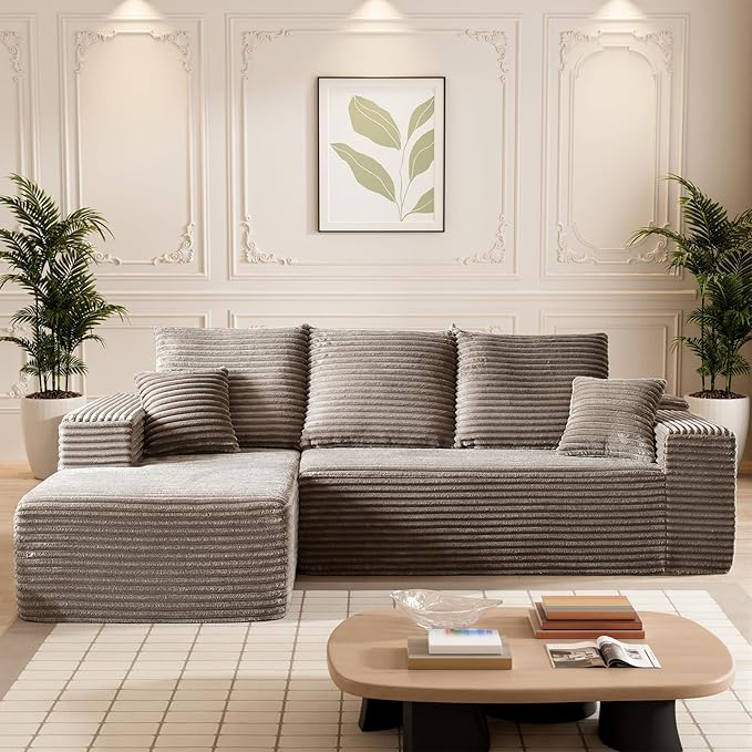 HYJT-H&K Modular Sectional Sofa Cloud Couch, 107" Comfy L Shaped Sectional Couches for Living Room, Deep Seat Memory Foam Plush Fluffy Corduroy Boneless Couch Sectionals Left Facing Sofa Chaise Camel