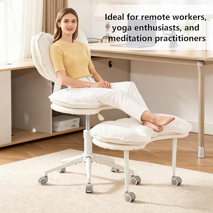 Meditation Chair with Lumbar Support,360° Swivel Cross Legged Chair with Wheels, Ergonomic Cross Legged Office Chair for Adults with ADHD, Height-Adjustable, Double Layer Design,Teddy Fabric, Ivory