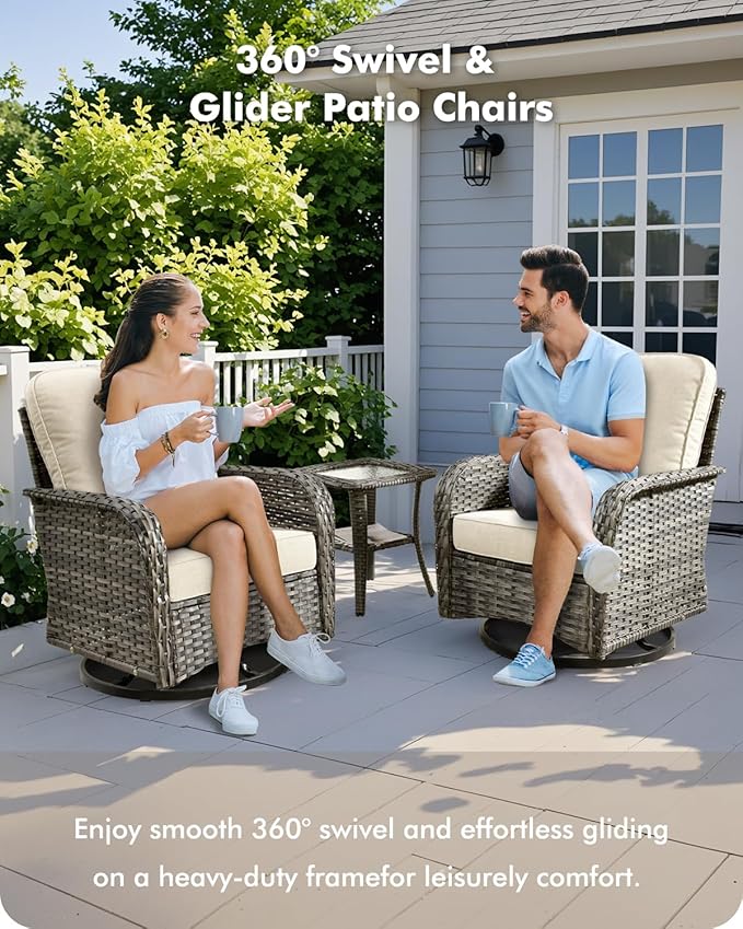 7-Piece Wicker Patio Furniture Set, All-Weather Rattan Conversation Bistro Loveseat Chair and Patio Rockers Set for Backyard, Balcony and Deck with Soft Cushions and Metal Table(Beige)