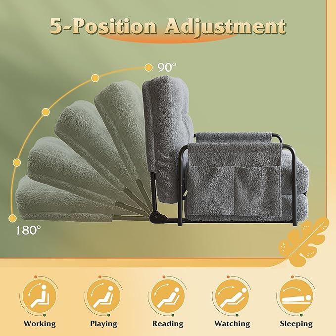 WLIVE Futon Sofa Bed Couch with Adjustable Backrest, Bean Bag Chairs for Adults, Floor Couch with Armrest, Pillow, Low Profile Floor Seating for Living Room, Reading, Bedroom, Single, Grey