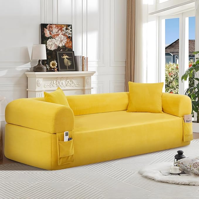 83" Boneless Couch, 3 Seater Sofa with 2 Matching Pillows Compact Corduroy Couches for Living Room Side Storage Pockets, Floor Sofa with Removable Armrests, No Assembly Required, Yellow