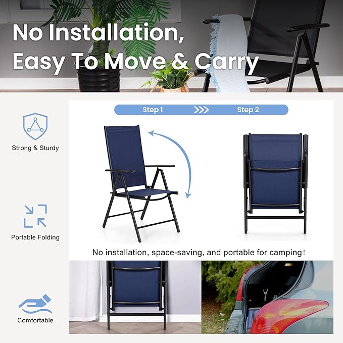 PHI VILLA Patio Folding Chairs Set of 4, Portable Outdoor Dining Chairs with Adjustable Backrest for Outside, Garden, Lawn & Yard, No Assembly, Blue