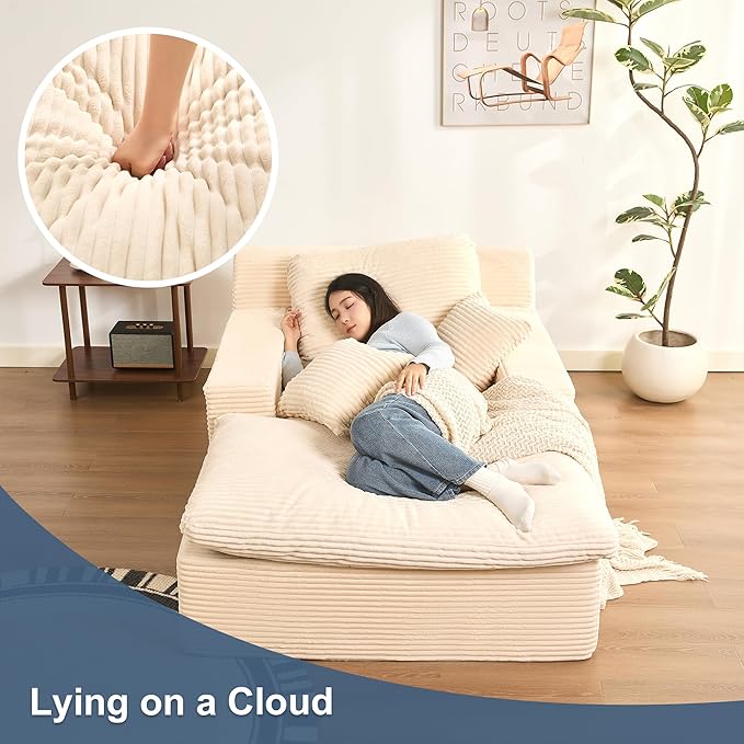 63" Oversized Boneless Chaise Lounge Chair, Extra Cloud Layer, Convertible Sleeper Sofa Couch with Removable Pillows & Side Pockets, Corduroy Upholstered Sofa Bed with Armrests for Living Room, Beige
