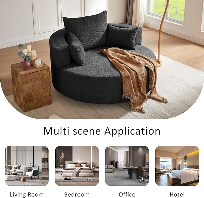 Merax 360° Swivel Chair, Chenille Fabric Accent Barrel Chair, Swivel Round Sofa Chair with 3 Removable Pillows for Living Room, Bedroom, Office and Hotel, Black