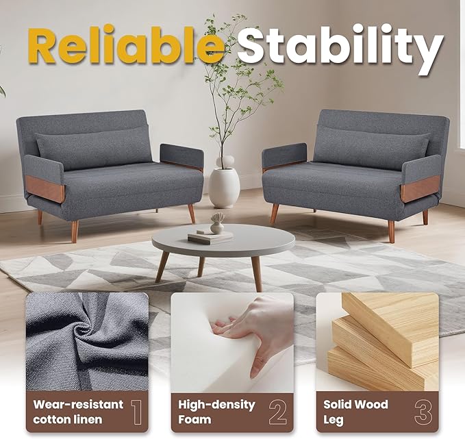 CITTANEO 2 Sets 45" Convertible Sleeper Chairs, 3-in-1 Chair Bed Sleeper for Adults with Adjustable Backrest, Pillows & Wooden Arms, 2 Piece Sofa Bed and Loveseat Sets for Living Room, Office, Gray