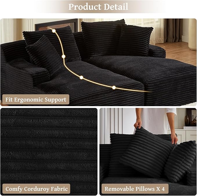 VEPXXP 80" Double Chaise Lounge Chair Indoor, Oversized Boneless Couch Comfy Upholstered Sleeper Sofa Bed with 4 Pillows, Corduroy Cloud Loveseat Chair for Living Room No Assembly Required, Black